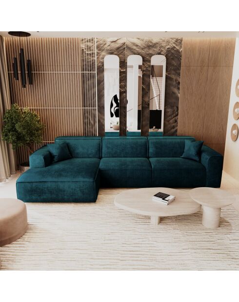 Linkes Ecksofa mit 2 dekorativen Kissen RUBEN Velours Peacock blauer Samt - 323x173x78