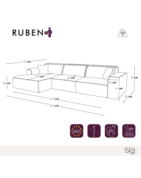 Linkes Ecksofa mit 2 dekorativen Kissen RUBEN Corduroy Antracite grey - 323x173x78