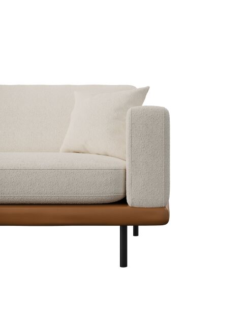 Rechthoekige bank Pioni crème krulstof cognac leren onderstel - 293x170x85