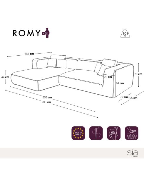 Linkes Ecksofa 280 cm ROMY Cremefarbener gewebter Samt - 280x166x70