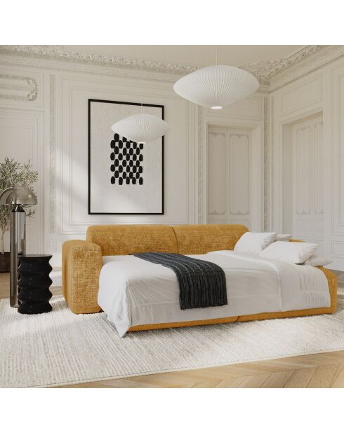 LIVA 4-Sitzer-Ausziehsofa aus Samt mit Senfprägung - 240x97x73