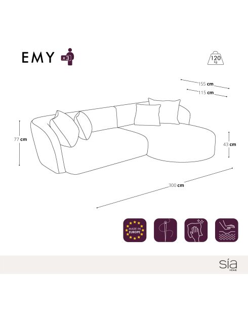 EMY rechtes Ecksofa aus anthrazitgrauem Webstoff - 300x155x77