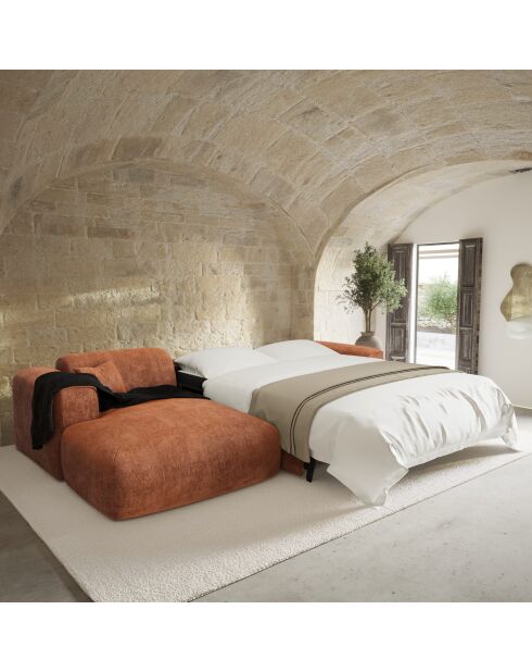 Linkerhoekbank converteerbaar express Dunlopillo-matras 140 cm NOVA Terracotta getextureerd fluweel - 299x165x73