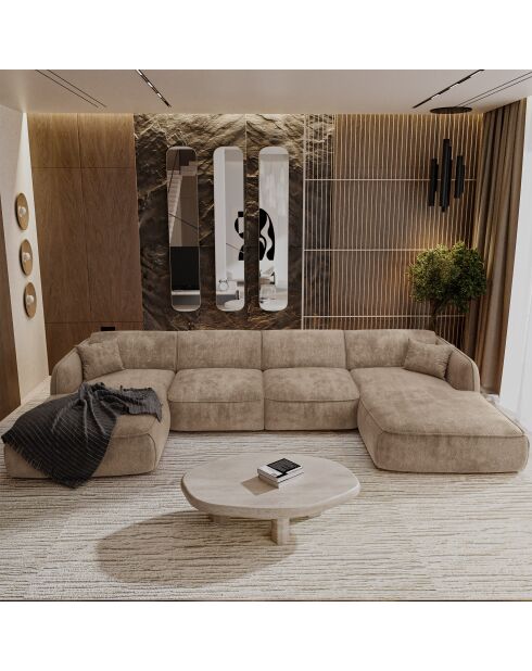 Canapé panoramique avec coussins LIAM Velours tramé Beige - 346x166x76