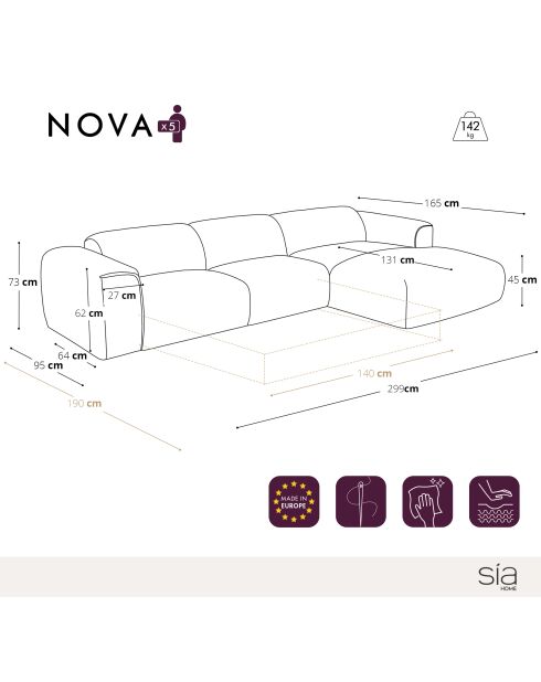 Omvormbare rechterhoekbank express Dunlopillo matras 140 cm NOVA crème getextureerd fluweel - 299x165x73