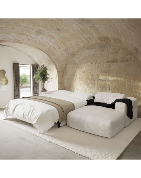 Omvormbare rechterhoekbank express Dunlopillo matras 140 cm NOVA crème getextureerd fluweel - 299x165x73