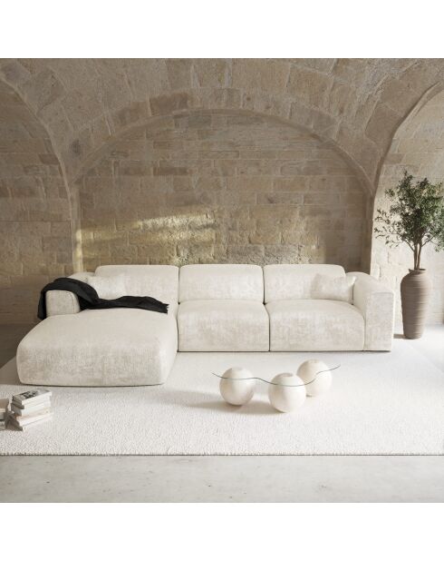 Linkerhoekbank converteerbaar express Dunlopillo matras 140 cm NOVA crème getextureerd fluweel - 299x165x73