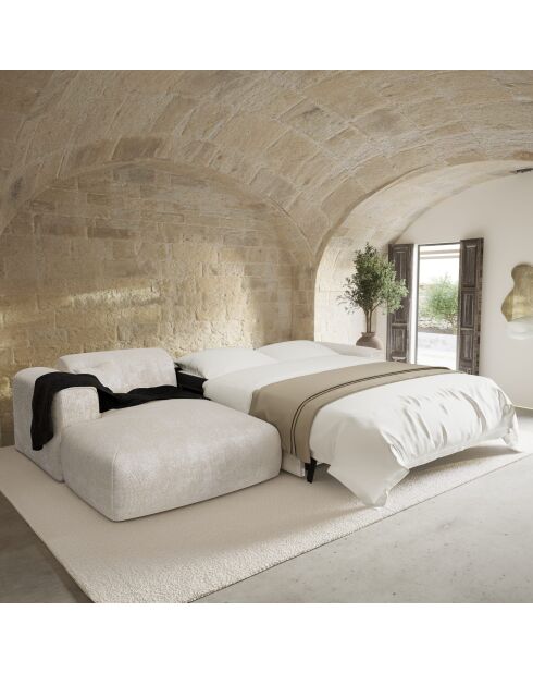 Linkerhoekbank converteerbaar express Dunlopillo matras 140 cm NOVA crème getextureerd fluweel - 299x165x73