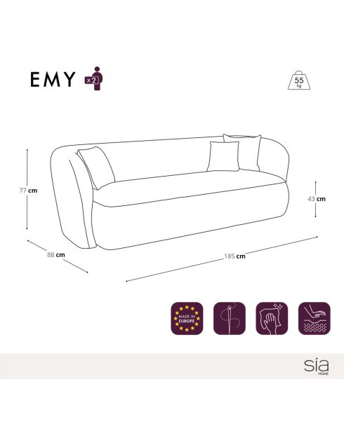 EMY 2-Sitzer-Sofa Taupe Velours - 185x88x77