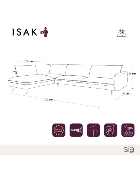 Isak hellgraues linkes Weitwinkelsofa - 262x92x85