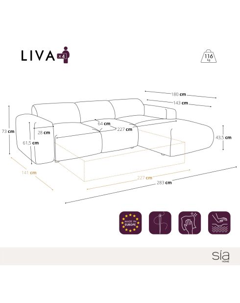 LIVA Rechtes Weitwinkelsofa aus braunem strukturiertem Samt — 283 x 180 x 73