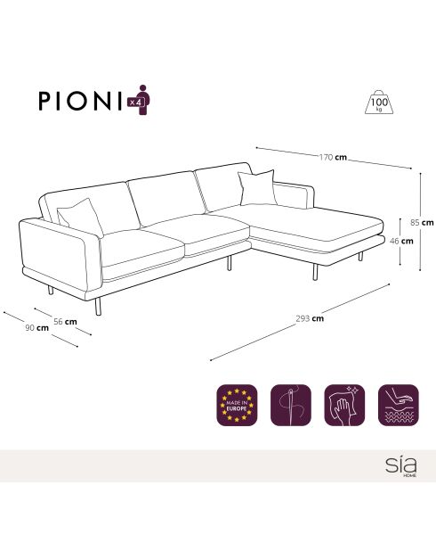 Rechtwinkliges Sofa Pioni aus gewebtem Stoff in Beige, Taupe, Beige, Cognac, mit Untergestell aus Leder — 293x170x85