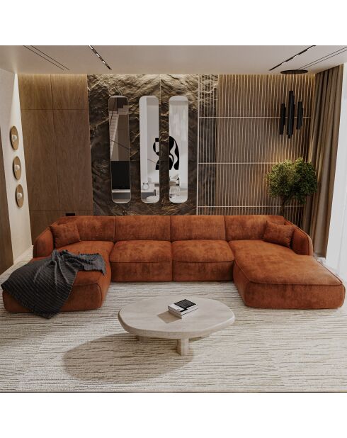 Panoramische bank met kussens LIAM Terracotta geweven fluweel - 346x166x76