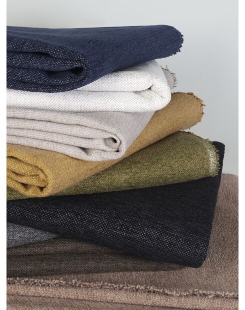 Sitzpuff PIONI Webstoff in Beigetaupe mit cognacfarbenem Ledersockel - 90x70x46