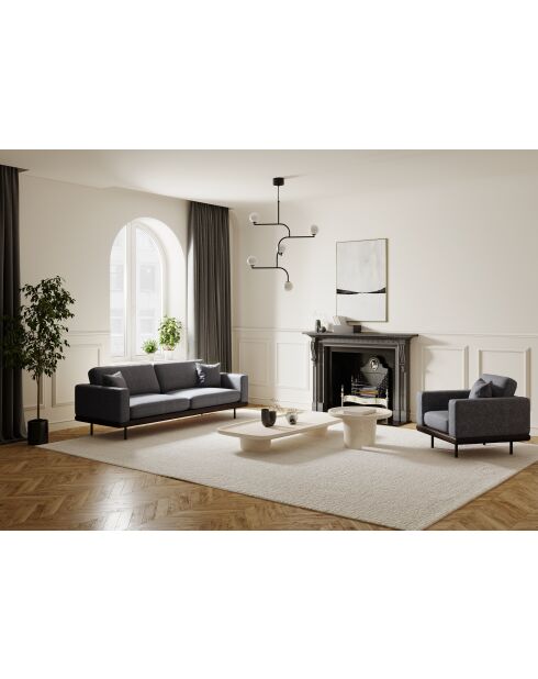 PIONI 2-zitsbank Antraciet krulstof zwart leren onderstel - 178x90x85