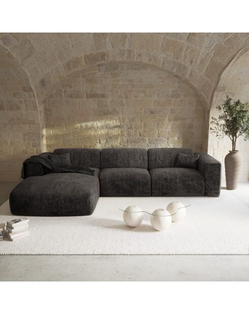 Linkerhoekbank converteerbaar express Dunlopillo matras 140cm NOVA Zwart getextureerd fluweel - 299x165x73