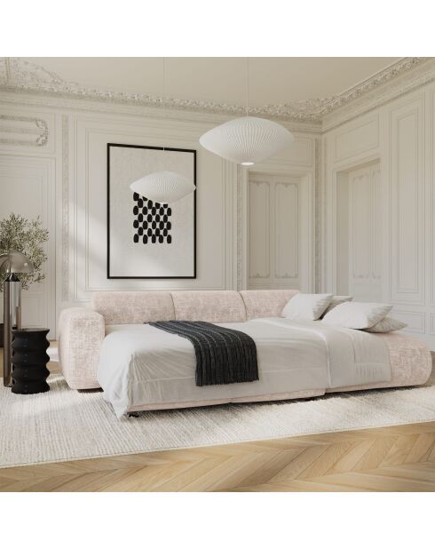 Divano angolare destro convertibile LIVA in velluto goffrato color crema - 283x180x73