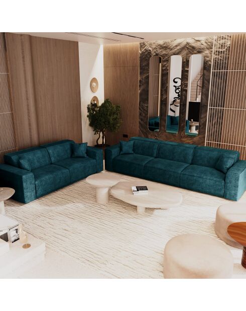 Canapé 3 places avec 2 coussins décoratifs RUBEN Velours Bleu paon - 232x95x78
