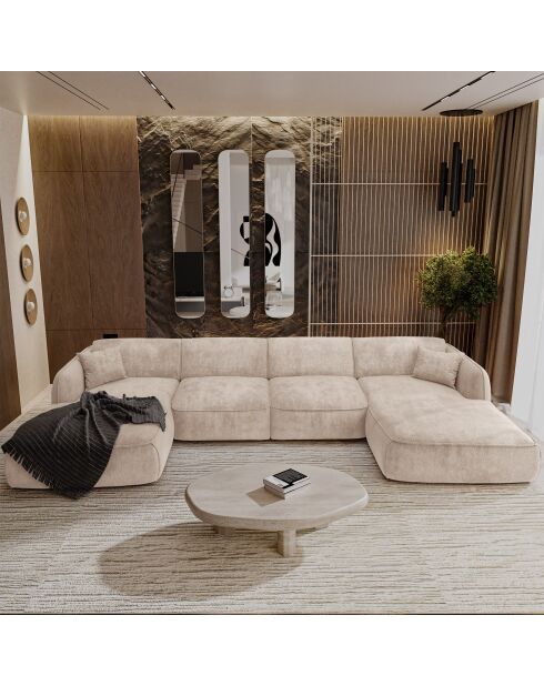 Canapé panoramique avec coussins LIAM Velours tramé Crème - 346x166x76