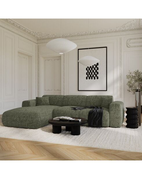 Sofá convertible gran angular izquierdo LIVA de terciopelo texturizado verde salvia - 283x180x73