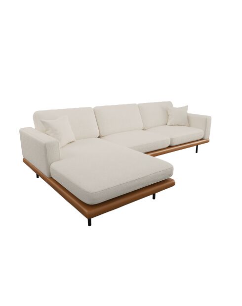 Ecksofa Pioni cremefarbener lockiger Stoff mit cognacfarbenem Ledergestell - 293x170x85