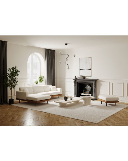 Ecksofa Pioni cremefarbener lockiger Stoff mit cognacfarbenem Ledergestell - 293x170x85