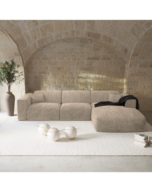 Omvormbare rechterhoekbank express Dunlopillo matras 140 cm NOVA beige getextureerd fluweel - 299x165x73