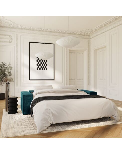 Express converteerbare slaapbank 140 cm RUBY pauwblauw fluweel - 216x100x80