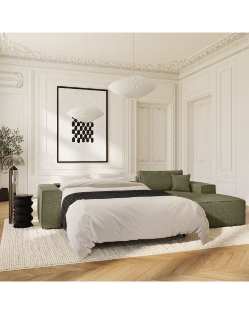 Ausziehbares rechtes Ecksofa, Express-Matratze, 140 cm, RUBY, Vintagegrün, Kord — 320x165x80