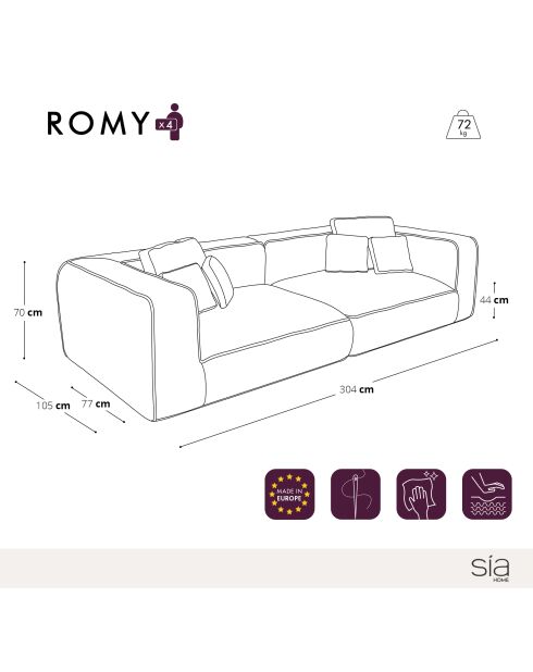 ROMY 4-zitsbank creme geweven fluweel - 304x105x70