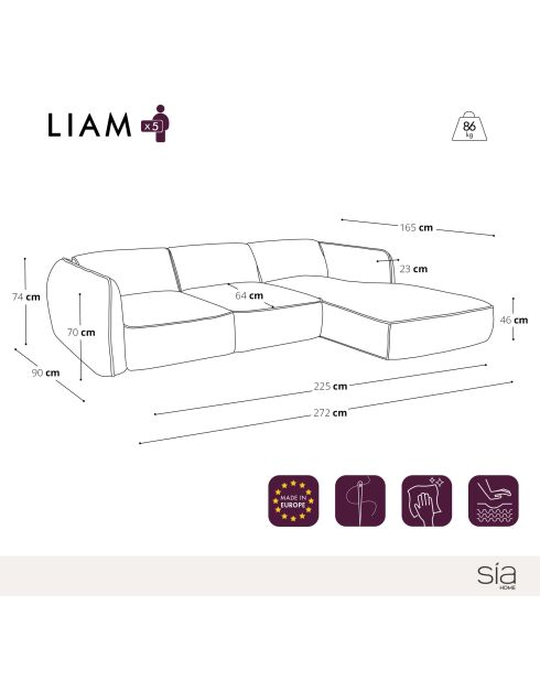 LIAM Ecksofa für rechts, beiger, verwitterter Samt — 272x90x74