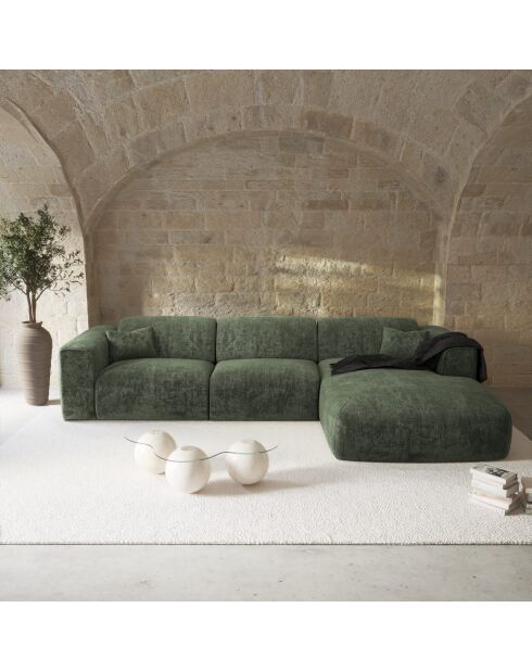 Wandelbares rechtes Ecksofa Express Dunlopillo Matratze 140 cm NOVA Olivgrün, strukturierter Samt — 299 x 165 x 73