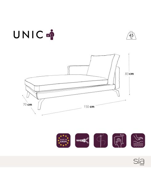 MERIDIENNE GAUCHE UNIC BLEU PETROLE - 70x150x83