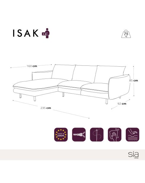 Isak Ecksofa, hellgrau, links, 235 x 92 x 85