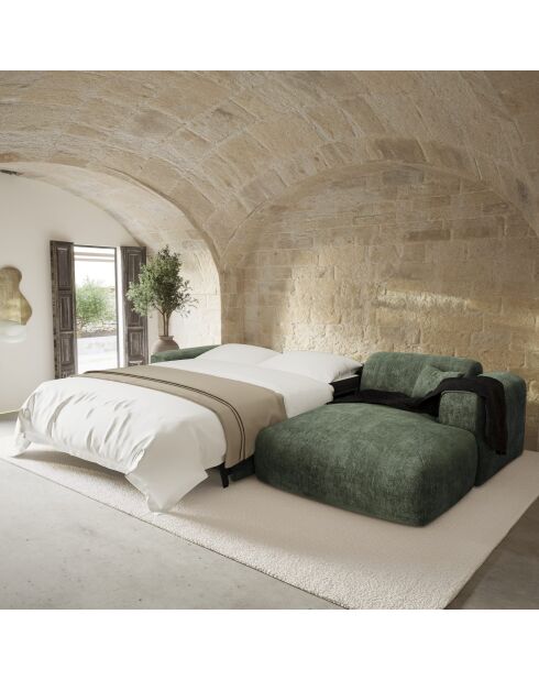 Wandelbares rechtes Ecksofa Express Dunlopillo Matratze 140 cm NOVA Olivgrün, strukturierter Samt — 299 x 165 x 73