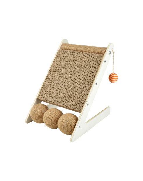 Tiragraffi angolato con palline di juta e giocattoli con struttura in legno 30*28*h.34cm