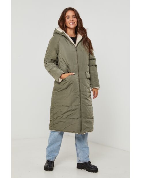 Chaqueta larga reversible Cécile Khaki con capucha