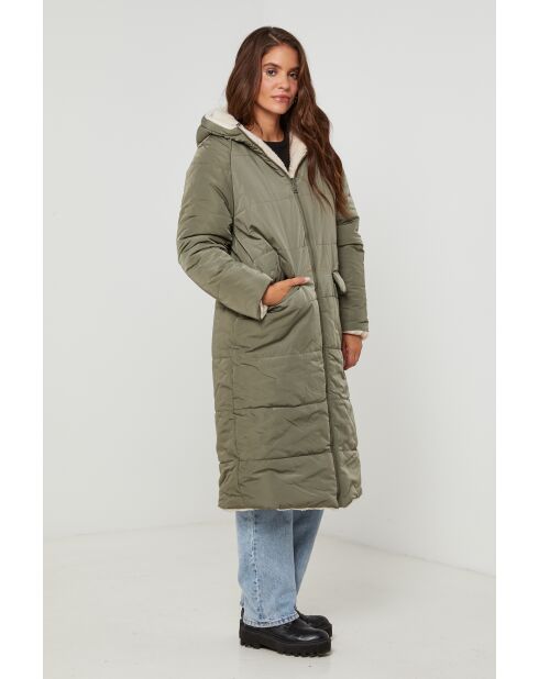 Chaqueta larga reversible Cécile Khaki con capucha
