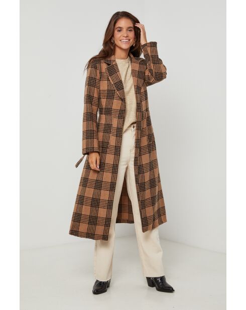Manteau long à carreaux Camel