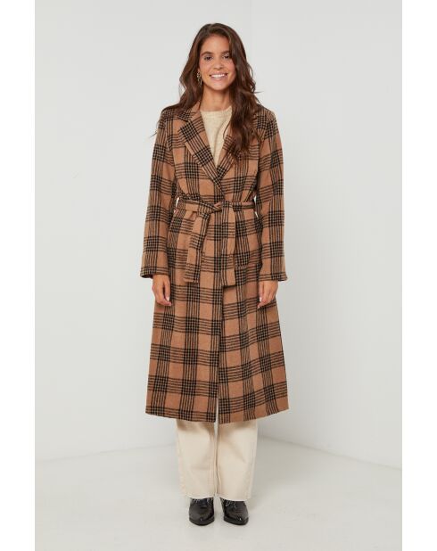 Manteau long à carreaux Camel