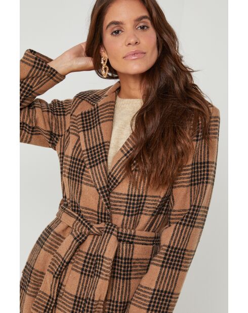 Manteau long à carreaux Camel