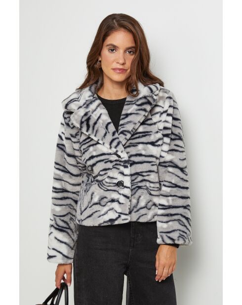 Grijze jas van imitatiebont met Tiger Oreo-print