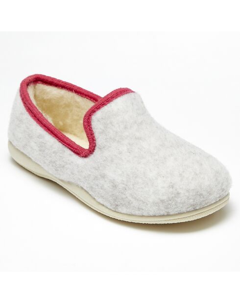 Chaussons charentais fourrés Laine gris bord rose fluo