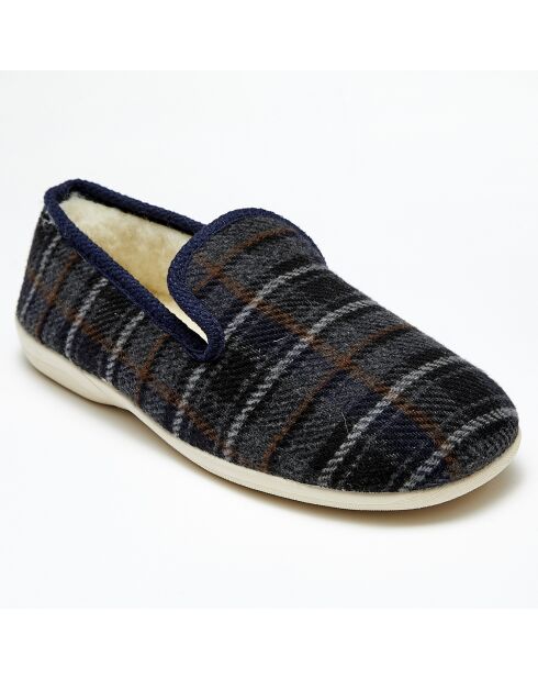 Chaussons charentais fourrés Laine tartan bleu bord bleus