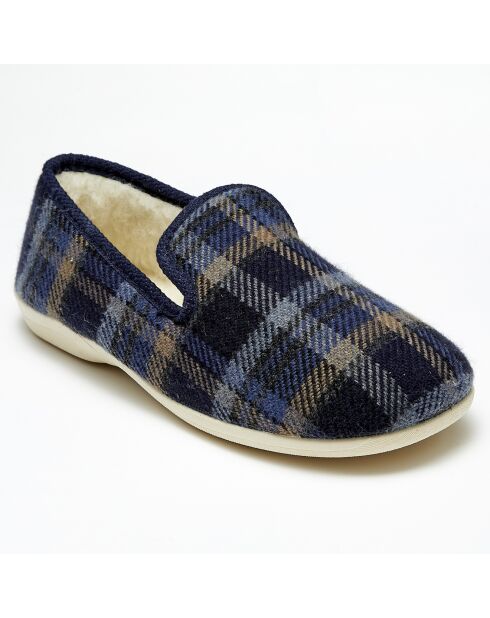 Chaussons charentais fourrés Laine tartan marine bord bleus