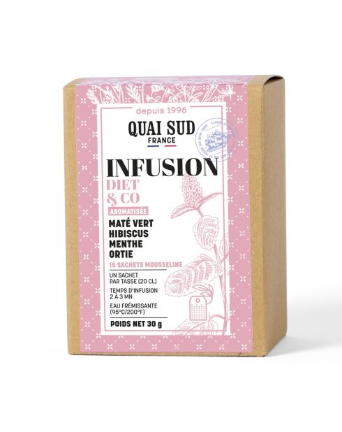 Infusion Diet & Co aromatisée Maté Vert Hibiscus Menthe Ortie - 15 Infusettes