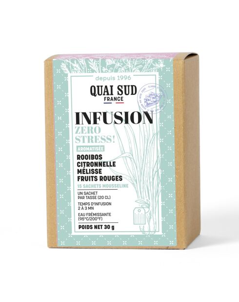 Infusion Zéro Stress aromatisée Rooibos Citronnelle Mélisse Fruits Rouges - 15 Infusettes