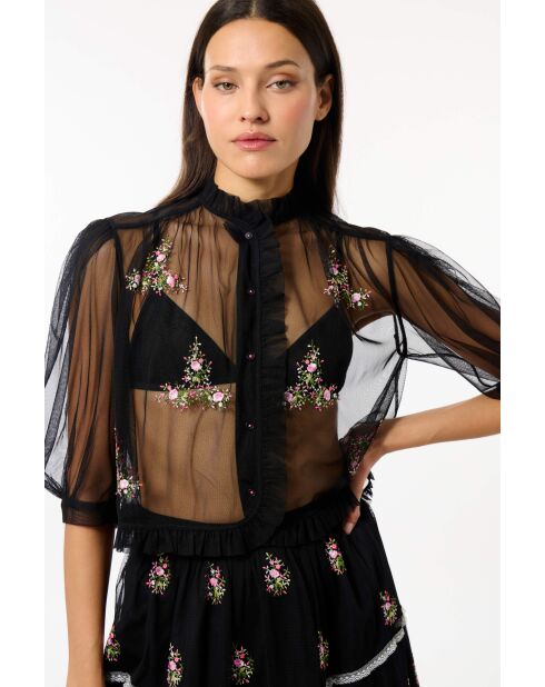 Camisa negra de tul con estampado floral