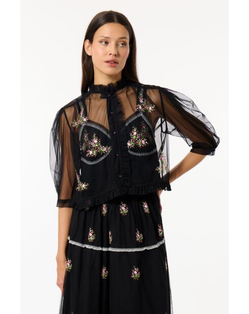 Camisa negra de tul con estampado floral