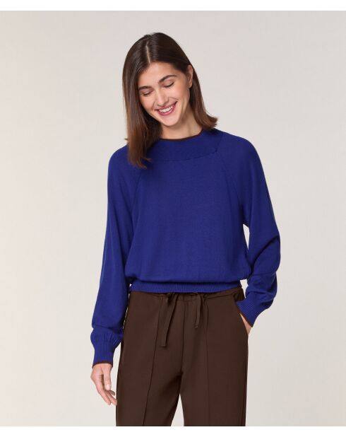 Pull Déborah 100% laine col bicolore bleu océan